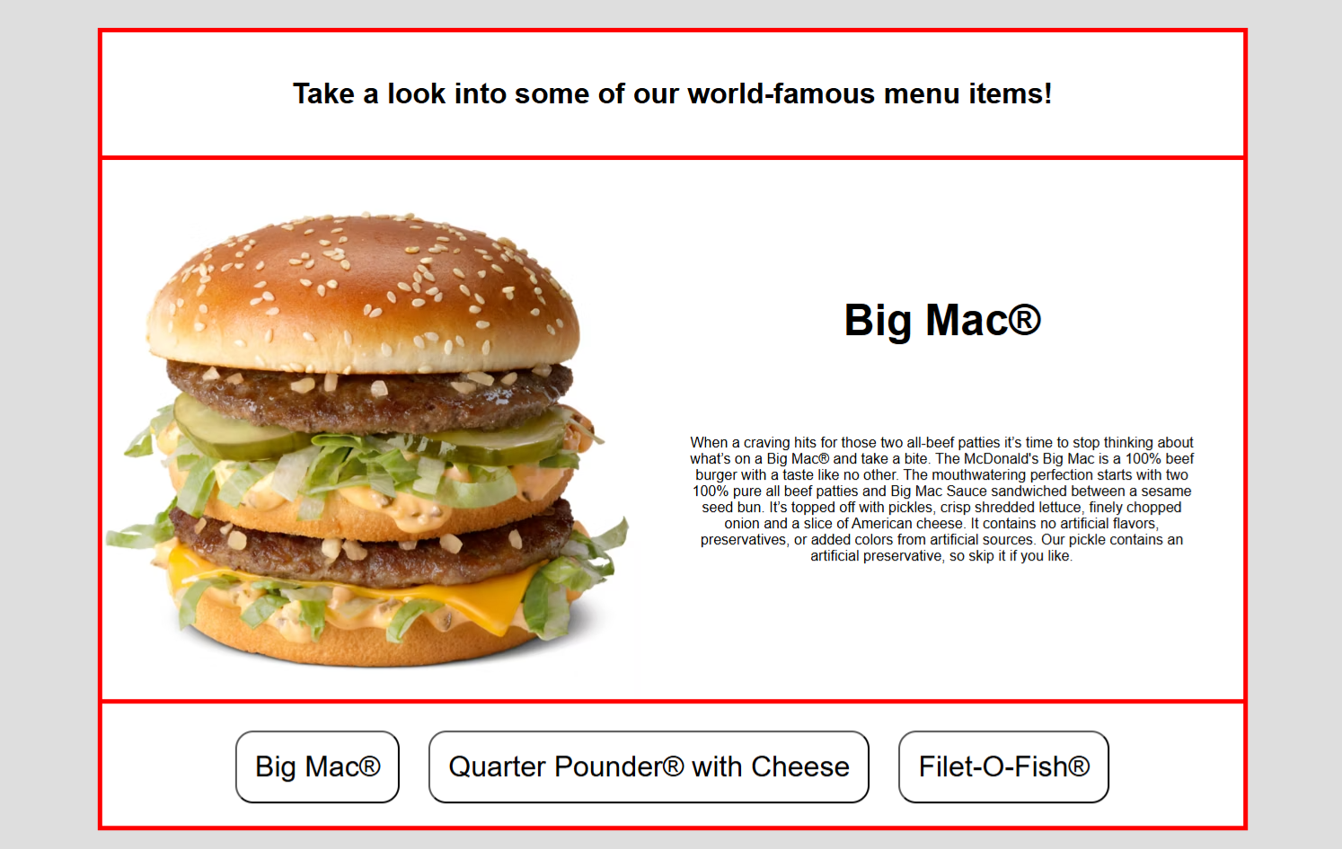 Screenshot of McDonald’s Faux Website